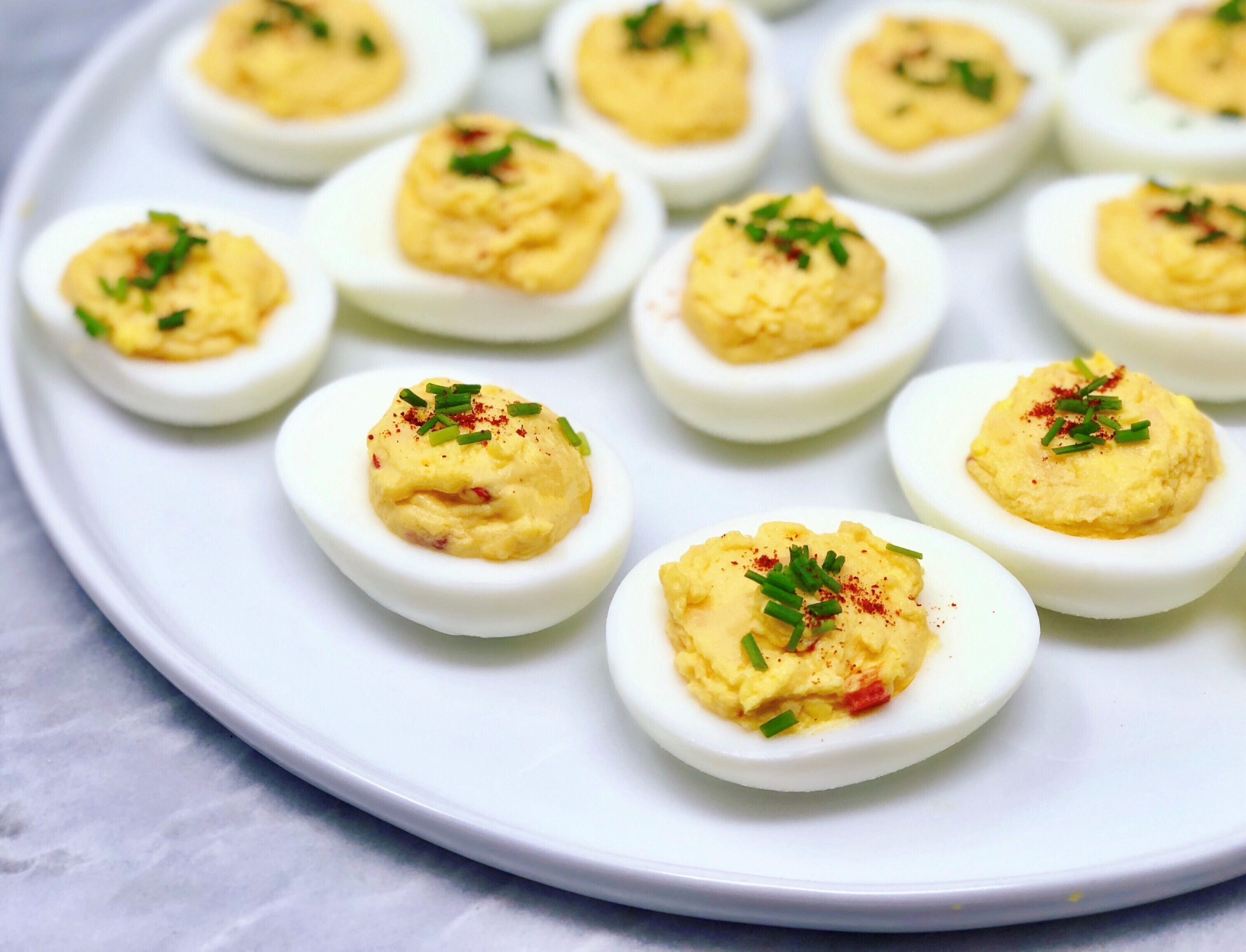 Dish of Pimento and Sharp Cheddar Deviled Eggs