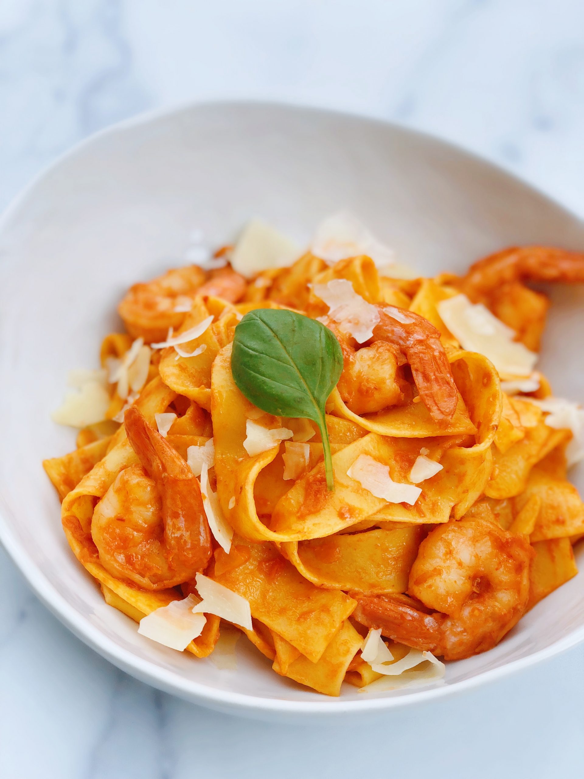 Dish of Shrimp Pappardelle with Vodka Sauce