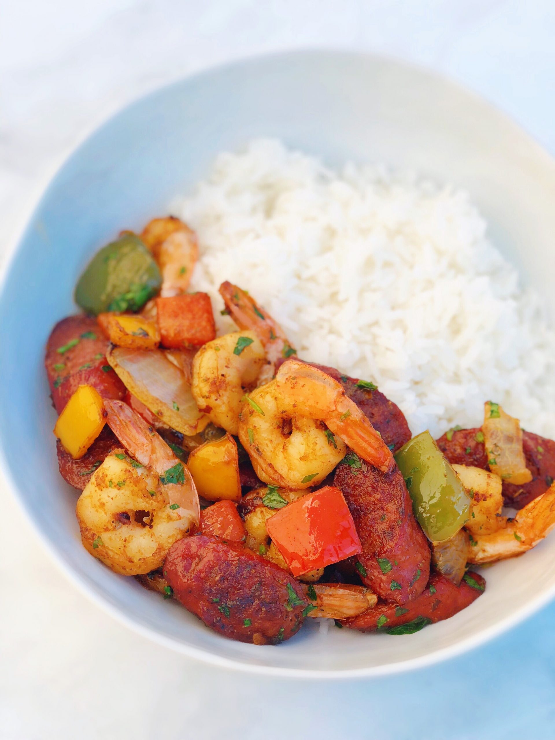 Dish of Spicy Andouille Sausage and Shrimp Stir Fry