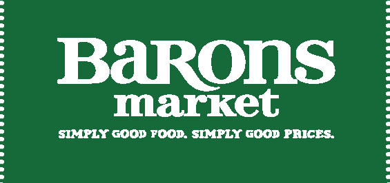Barons Market Logo with Tag Line Simply Good Food, Simply Good Prices on Green Background